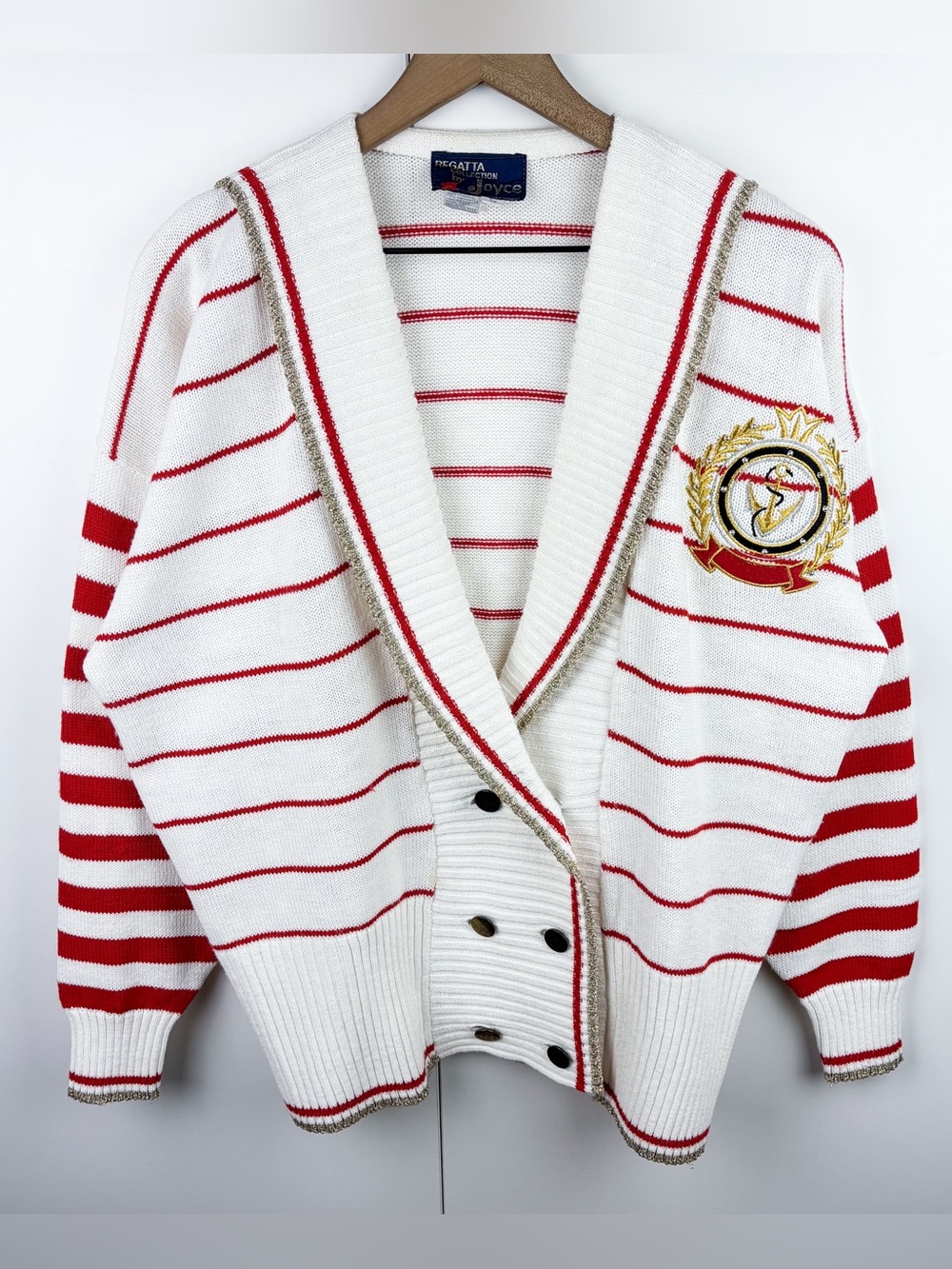 Vintage Nautical Coastal Anchor Embroidered Red Striped Cardigan Sweater Large